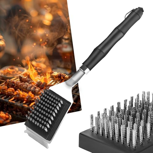 Zikenis Grillbürste mit Edelstahl Schaber, Grill Reinigungsbürste Edelstahl | mit 2 Ersatzbürstenköpfe, und Extra Langer Wärmedämmung Griff, für Gussrost, Holzkohlegrill, Gasgrill, Elektrogrill