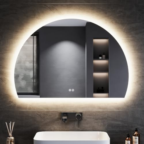 SONNI Badspiegel mit Beleuchtung Halbrund 100x70 cm, LED Spiegel mit Touch-Schalter und Dimmbar, Beschlagfrei, 3 einstellbare Lichtfarben, Badezimmerspiegel mit Beleuchtung IP44