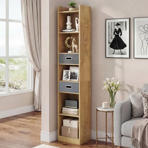 YITAHOME Hohes, schmales Bücherregal, schlankes Eckregal mit 5 Ebenen und 2 Stoffschubladen, freistehendes Regal für Wohnzimmer, Schlafzimmer, Büro, Eichenfarbe, 30 B × 24 T × 180 H cm