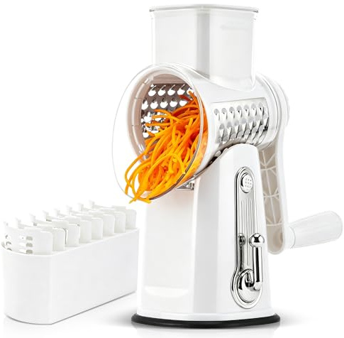 SUSTEAS Rotary Cheese Grater, Vegetable Slicer for Kitchen, 5 Blades | Versatile, 12x Fast Cutting, Strong Suction Base, Blades Storage Box, Vegetable Chopper for Cheese, Cucumber, Carrot, Potato
