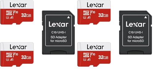 Lexar Carte Micro SD 32 Go Lot de 4 Cartes, Carte Mémoire Micro SD+ Adaptateur, Microsdxc Carte TF jusqu'à 100 Mo/s, A1, U1, C10, V10, Full HD et 4K UHD pour Caméra, Telephone, Switch