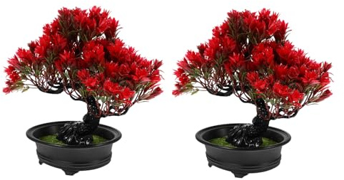 JEWEDECO 2pcs Artificial Pine Bonsai Trees with Plastic Pot for Indoor Zen Garden and Bookshelf, Fake Desk Plants with Versatile Placement and Easy Interior Decor, Red Faux Tabletop Bonsai