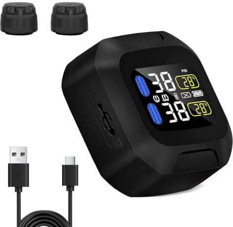 HUAJUN TPMS Motorrad Reifendruckkontrollsystem, 2 Externen Sensoren, 0-6BAR | LCD Anzeige Kabellos Reifen Detektor, USB Power,Wasserdichter, für Motorräder, Bike, ATV und Zweirädriges