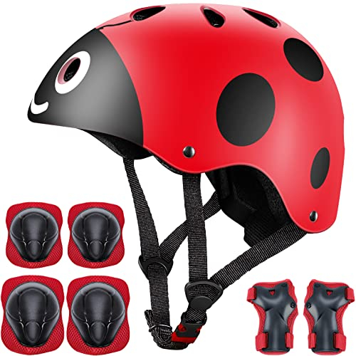 Kinder 7 Stücke Outdoor Sports Schutzausrüstung Set Jungen Mädchen Fahrradhelm Sicherheit Pads Set [Knie Ellbogenschützer und Handgelenkschutz] für Roller Scooter Skateboard Fahrrad (C-Red Ladybug)