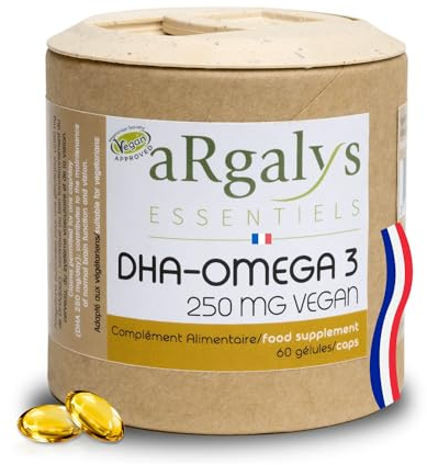 Omega 3 DHA | Huile d’algues - Naturel - Ultra Pure | Vegan | 60 capsules | 250 mg DHA/Capsule | Fabriqué en France | Argalys Essentiels