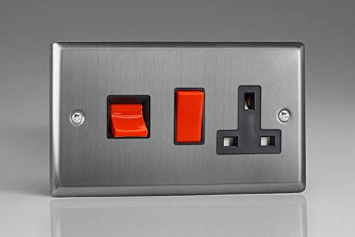 Varilight Cooker Switch with Switched Socket Outlet - Classic Brushed Steel with Black/Red Insert