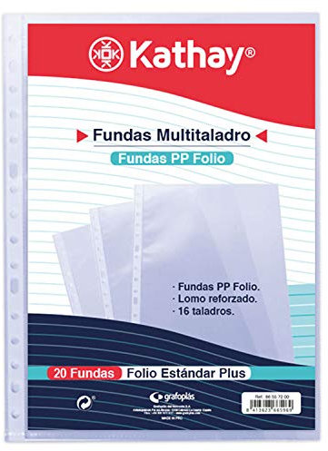 Kathay 86557200. Bolsa de 20 Fundas Transparentes, 16 Taladros, Tamaño Folio, Polipropileno Estándar Liso