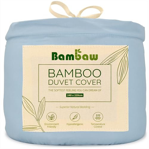 Bambaw Housse de Couette 220x240 Bambou, Housse de Couette Douce, Respirante et Anti Acarien, Drap Bambou Rafraichissant et Anti-Allergie, Drap Été et Hiver pour 2 Personnes (Bleu Clair)