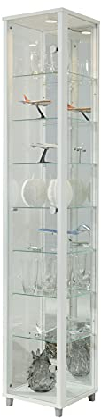 Vitrina de Cristal 172 x 32 x 33 cm, en Blanco con 7 estantes de Cristal, Espejo y LED, coleccionistas