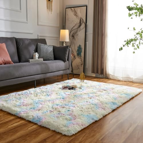 Evitany Teppich, Flauschiger Teppich Schlafzimmer, Anti-Rutsch Großer Teppiche, Rechteckiger Waschbarer Regenbogen Wohnzimmerteppich für Kinderzimmer,Büro, Lounge (Regenbogen, 140x200 cm)