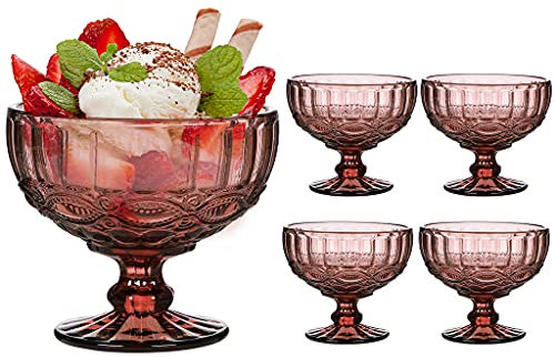 Set of 4 Glass Dessert Bowls Pink Baroque Embossed Footed Ice Cream Trifle Sundae Dishes