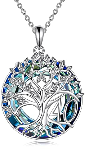 YFN 40th Geburtstag Geschenke für Frauen Sterling Silber Anhänger Baum des Lebens Blau Kristall Halskette Schmuck für Mama Oma
