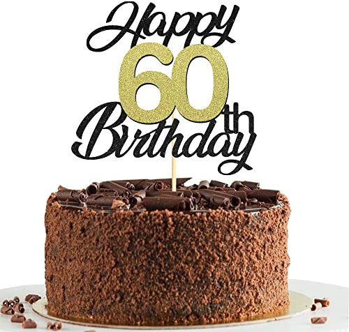60th Birthday Cake Toppers,Black&Gold Glitter Cake Decorations,Happy 60th Cake Toppers for Men Women Birthday Themed Party,1PC