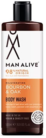 MAN ALIVE Shower Gel for men, 500ml mens body wash & face wash contains a masculine scent, Vegan, SLS Free & sulfate free formula. ideal mens grooming gifts for men (Bourbon & Oak, Single)