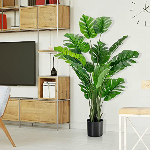 TANGZON Artificial Monstera Deliciosa Plant, Fake Swiss Cheese Plant in Pot with Cement & Moss, Indoor Outdoor Faux Potted Tree for Home Office Decoration (15 Leaves,152CM/5FT, Green, 1 Pack)