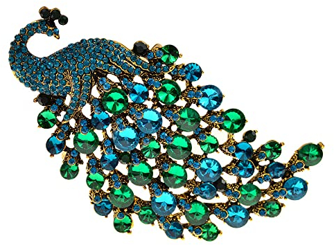 Strass Pfau Brosche Anstecknadel für Frauen Mädchen Mode Exquisite Übertriebene Große Blau Grün Kristall Vogel Tier Broschen Anstecknadeln Elegantes Kleid Accessoires Hochzeitsschmuck Geschenk