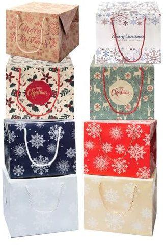 MAQA 1 pz Portapanettone natalizio 24x24 cm, Scatola per panettone fantasia natale, Scatola porta panettone e torte con manici in cotone Rosso