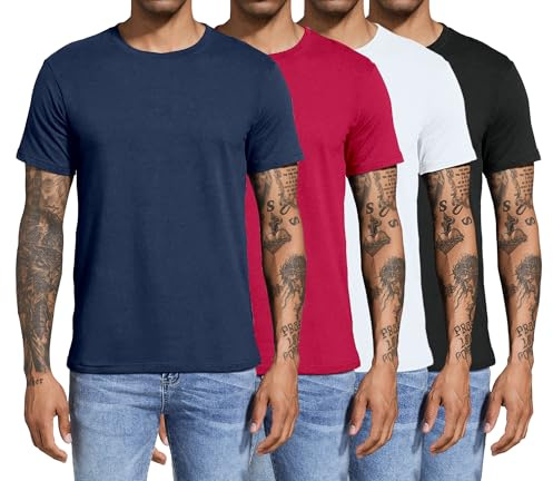 Boyzn Men's 4 Pack Cotton T-Shirts, Men's Short Sleeve Tees, Crewneck Cotton T-Shirts for Men Black/White/Navy/Red-4P01-2XL