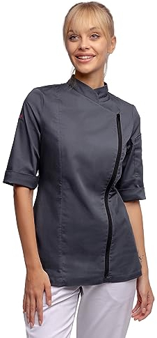 strongAnt Damen Kochjacke 3/4 Kurzarm mit Reißverschluss Stretch Professionelle Kochuniform - Grau, Größe: XS