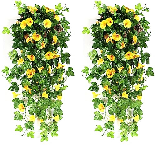 Anttyscar 2 Stück Künstliche Hängende Blumen Deko, Hängenden Künstlich Veilchen, Künstliche Hängepflanzen für Hauswand Drinnen und Draußen Garten Hochzeit Balkon Korbdekoration Gelbe Rose