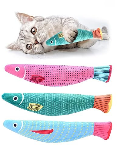 AYNKH Catnip Toys, 3PCS Bite Resistant Kitten Teething Fish Interactive Toy with Bell Inside, Cartoon Plush Cat Chew Toy for Indoor Pets Flopping/Flipping/Moving