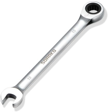 SORAKO 15mm Ratcheting Combination Wrench, Chrome Vanadium Steel Gear Wrench, Industrial Grade Cr-V Steel Gear Spanner, Household Garage Tools(Metric)