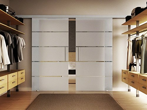Doppel-Glasschiebetür Komplettset inkl. SoftClose/SoftStop in 5 Streifen-Design waagerecht (S), Abmessungen 2 x 1025 x 2050 mm = 2050 x 2050 mm in 8 mm ESG-Glas