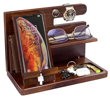 Catekro Soporte de madera para teléfono móvil, organizador de escritorio de madera, estante para mesita de noche, organizador de escritorio, para teléfono, cartera, relojes, gadget y llaves