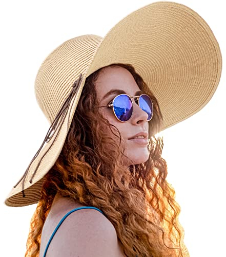 DRESHOW Femme Capeline Chapeau de Paille Chapeau à Large Bord Casquettes Anti-Soleil Respirant Pliable Rouleau Plage Cap Chapeau de Soleil UPF 50+