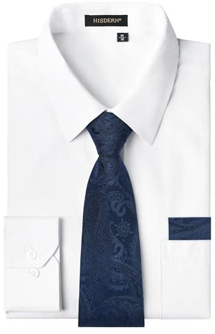 HISDERN Mens White Shirt Long Sleeve Dress Shirt and Tie Set Formal Casual Business Wedding Solid with Pocket L
