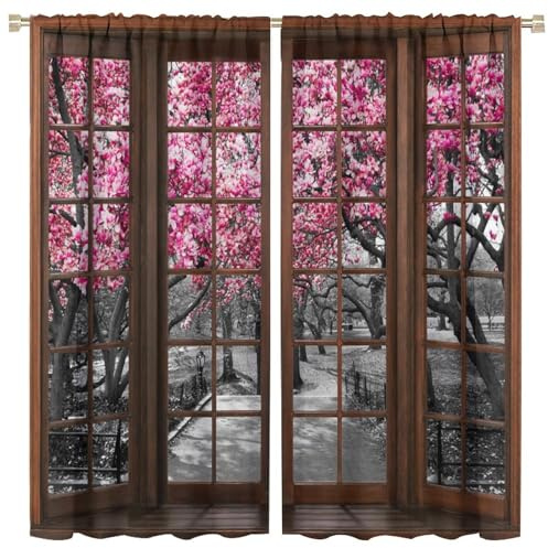 Cherry Blossom Forest Landscape Blackout Curtains, Vintage Black and White Red Cherry Blossom Tree Forest Pattern Windows Treatments, Thermal Insulation Drapes For Girls Living Room Bedroom 84x84in
