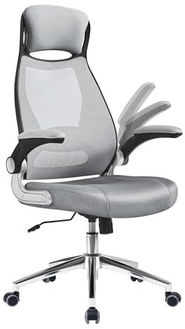SONGMICS Sedia da Ufficio, Poltrona Girevole, con Braccioli Ribaltabili, Poggiatesta e Supporto Lombare, Inclinazione ad Oscillamento, Superficie in Rete, Grigio Tortora OBN86G01
