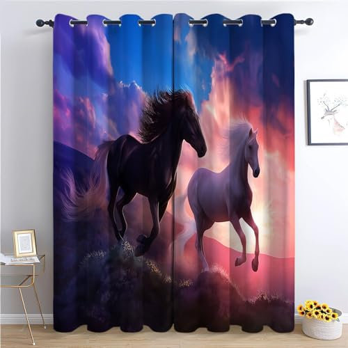 CozyRest Blickdichte Vorhänge ösen 2er Set Laufendes Pferd Muster Gardine Lichtundurchlässig Fenstervorhang Wohnzimmer Schlafzimmer Schöner Himmel H 215 x B 110 cm