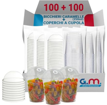 G.M. DISTRIBUZIONE 100 Bicchieri per Caramelle in PP da 250ml + 100 Coperchi A Cupola in PS, Bicchieri e Coperchi Usa e Getta Trasparenti, Bicchiere Monouso Alta Qualità per Bar e Gelaterie.