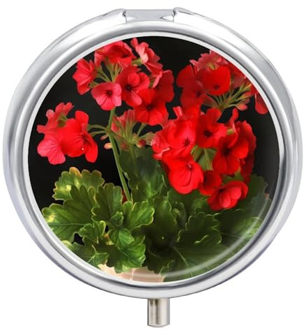 Red Geraniums Pill Box Cute Round Pill Case Portable Medicine Tablet Vitamin Holder Organizer for Purse Pocket