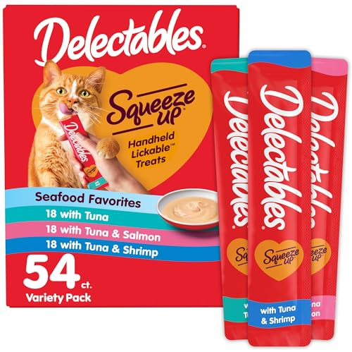 Delectables Squeeze Up Seafood Variety Pack, Creamy Squeezable Puree, Lickable Wet Cat Treats, Grain Free, No Added Fillers, No by-Products, No Added Preservatives, 0.5 Ounces Tube, 54 Tubes Total