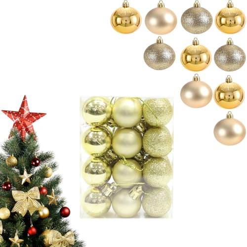 24 Stück Weihnachtskugeln Gold, Weihnachtsdeko, Christbaumschmuck Set für Plastik Weihnachtsbaumkugeln, Christmas Christbaumkugeln aus Kunststoff