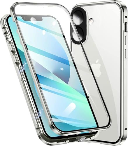 OMGZONE Magnetic Case for iPhone 16 Full Body Cover,Screen Protector built-in Transparent Tempered Glass and Camera Protector,360 Degree Metal Bumper Case for iPhone 16,Clear Silver