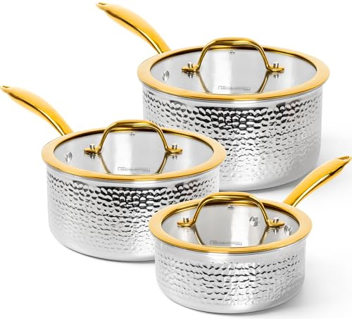 Michelangelo Triply Stainless Steel Saucepan Set, Luxury Hammered Stainless Steel Sauce Pans with Golden Handle, Premium Sauce Pot Set, Induction Compatible