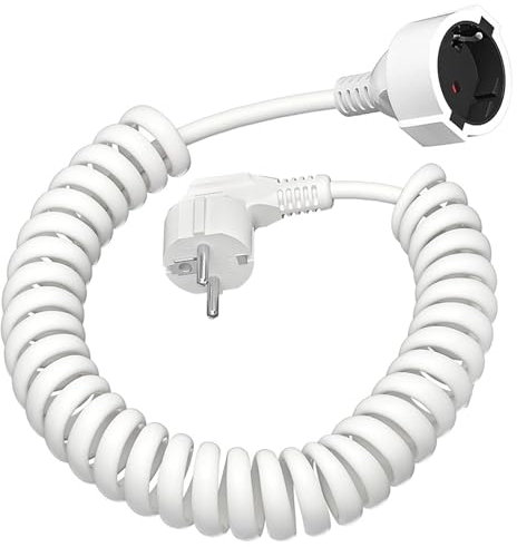 Cable de Extensión en Espiral 230V: 0.8 m a 3 m Cable Espiral de Contacto de Protección con Enchufe y Acoplamiento - Blanco