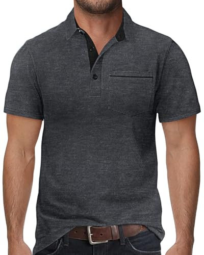 HMIYA Poloshirt Herren Kurzarm T-Shirts mit Tasche Polo Klassisches Sommer,Dunkelgrau,2XL