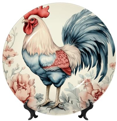 ZSUUGJ Plato de cerámica de 10 pulgadas con soporte para colgar en la pared, diseño de pollos y flores