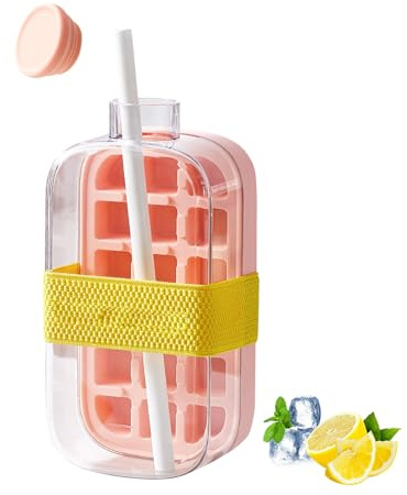 Ice Cube Bottle,2 in 1 Eiswürfelflasche Eiswürfelform mit Deckel & Stroh,800ml Eiswürfelform Silikon,Eiswürfelbehälter Alle Eiswürfel Ineiner Sekunde Freigeben,Eiswürfel Form für Getränke Saft (Rosa)