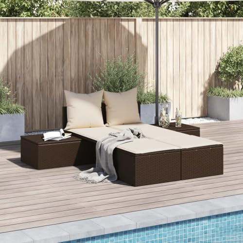 IKAYAA Sonnenliege für 2 Personen, Polyrattan Doppelliege Wetterfest, Modulares Design, Sonnenbett, Outdoor Bett, Gartenbett, Garten Relaxliege Braun