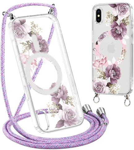 Xylota Handyband für iPhone X/XS Hülle mit Band [Kompatibel mit MagSafe], Transparent Magnetisch Handyhülle mit Kordel, Aesthetic Muster Schutzhülle für iPhone XS zum Umhängen, Blumen 02