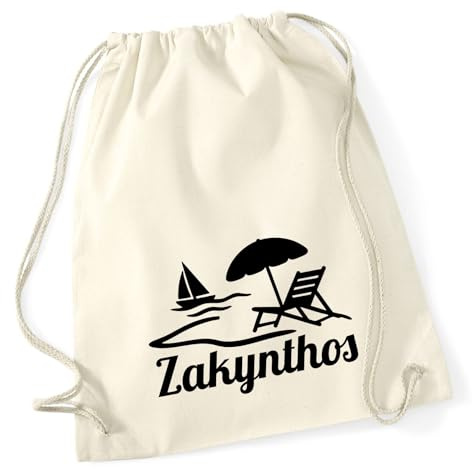 Huuraa Turnbeutel Zakynthos Inselmotiv Griechenland Geschenk | Sportbeutel 12 Liter Natural Baumwolle Beige Rucksack Geschenkidee Unisex Beutel mit Kordelzug Baumwollbeutel