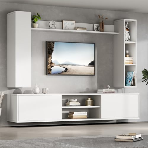 VIEKOS TV Wohnwand-Set con vitrinas (juego completo, 4 unidades), 180 x 35 x 33,5 cm, incluye tabla de TV, estantería de pie y 2 estantes de pared, juego de muebles de salón, mueble de TV, de pie y