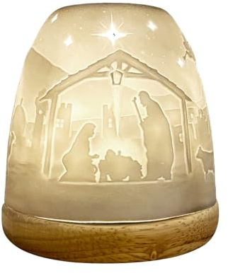 Cello Teelichthalter aus Porzellan, hoch, Kuppel, Krippen-Design mit 3D-Projektionsbild für duftende, geruchlose LED-Kerze, Wachswärmer, Geschenk, Ornament für Zuhause, Schlafzimmer, Mama, Papa