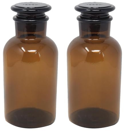 UNIQUE HOME LIVING UHL Apothecary Jar Set of 2 Reagent Bottles, 1000ml Amber Glass Storage Jars with Lid, Vintage Reusable Container Refillable Bottles for Essential Oils, Bath Salts, Lotion, Perfume