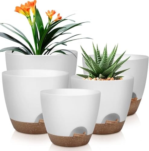 LATERN 5 Pezzi Vasi Autoirriganti per Piante, 18/16,5/15/13,5/12CM Vaso da Fiori in Plastica Contenitore per Piante da Giardino con Foro di Drenaggio e Serbatoio per Aloe Erbe Orchidee Grasse Bonsai